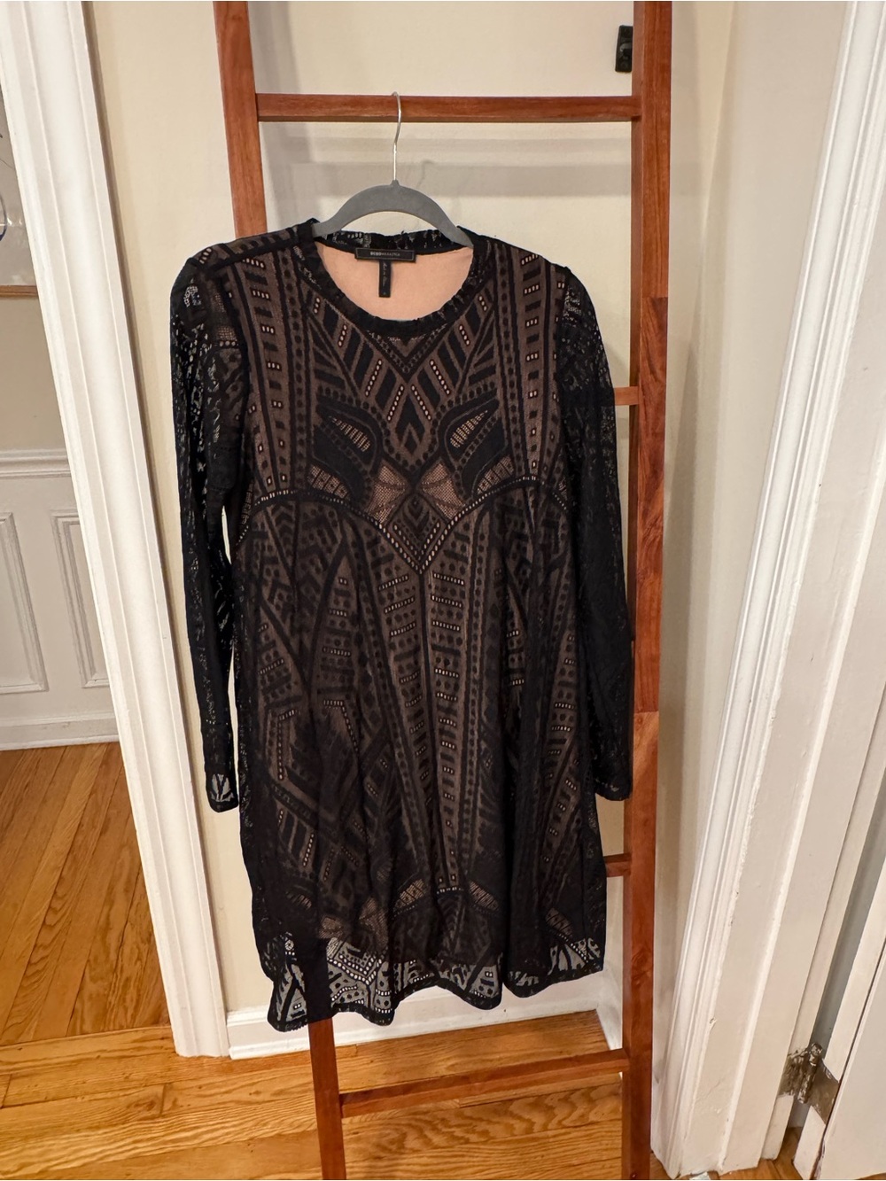 BCBGMaxAzria Black Lace Long-Sleeve Fit-and-Flare Dress